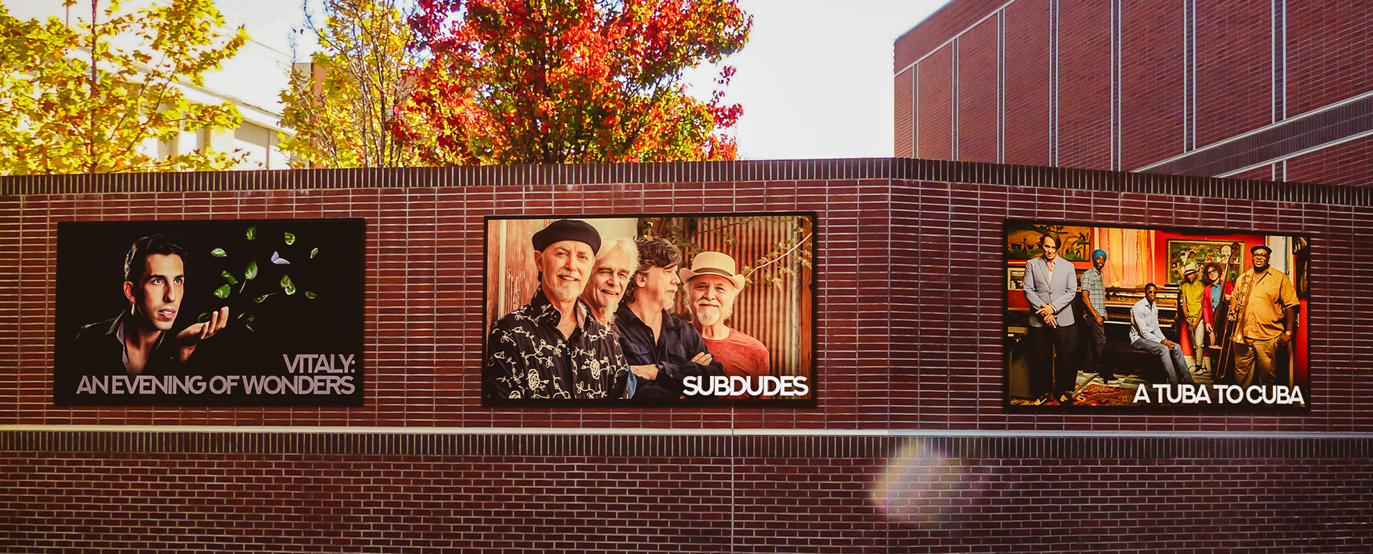 Large outdoor digital sign on the wall of the Livermore Performing Arts Center.